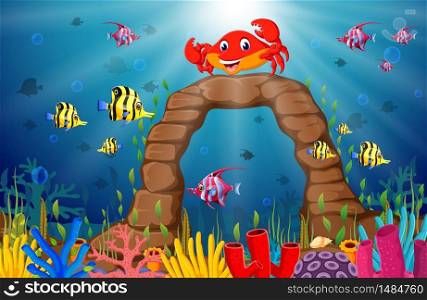 Cartoon tropical crab with beautiful underwater world