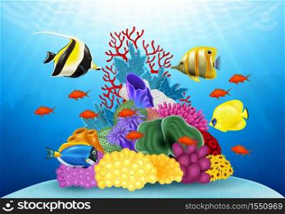 Cartoon tropical fish with beautiful underwater world