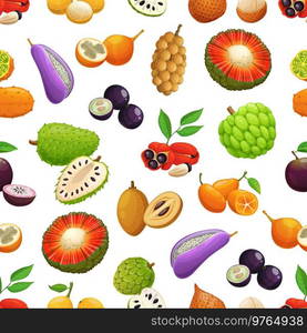 Cartoon tropical fruits seamless pattern, vector fruity background. Exotic fruits and berries pattern of akebia, ackee apple and salak, cherimoya or kiwano with loquat and star apple on background. Cartoon tropical fruit seamless pattern background