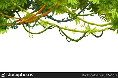Cartoon tropical jungle background frame, liana branch vines and forest thicket. Vector rainforest leaves, plants, green trees foliage spinney. Amazon or african floral border with jungle liana. Cartoon tropical jungle background frame, liana