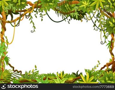 Cartoon tropical jungles frame with liana branch vines, vector background. Blank paper with frame border of forest plant thicket and tropical bushes of jungle tree ivy or wild tropical forest ropes. Cartoon tropical jungles frame, liana branch vines