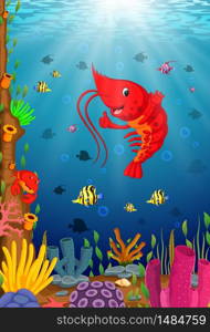 Cartoon tropical lobster with beautiful underwater world