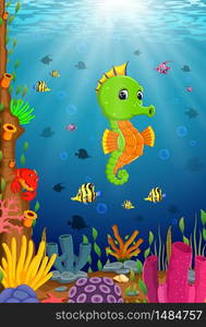 Cartoon tropical sea horse with beautiful underwater world