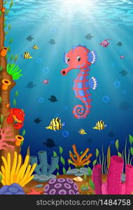 Cartoon tropical sea horse with beautiful underwater world