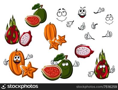 Cartoon tropical yellow star fruit, exotic asian pink dragon fruit and ripe green guava fruits. Tropical cocktails fruity ingredients or dessert recipe design usage. Cartoon fresh tropical fruits characters