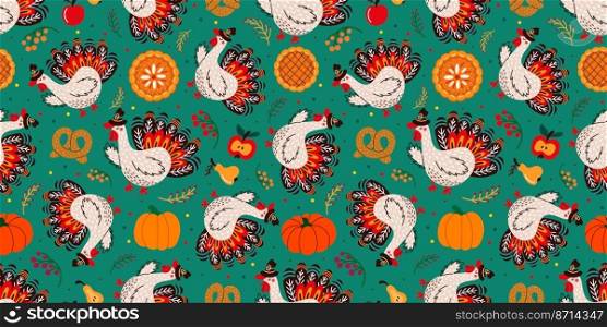 Cartoon turkey and various Thanksgiving celebration food forming seamless pattern. Pattern of Thanksgiving day symbols