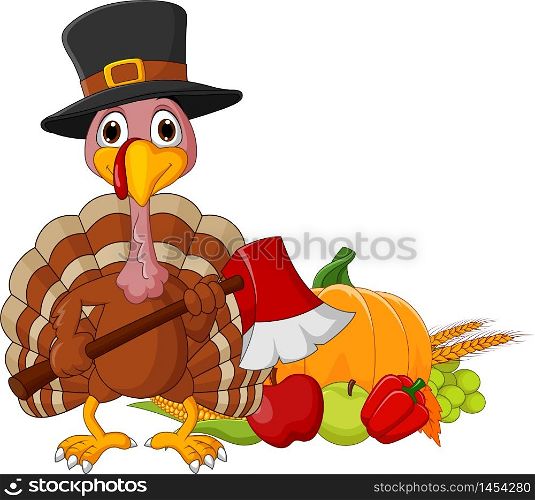 Cartoon turkey holding axe with harvest cornucopia collection