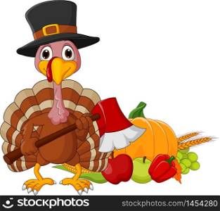 Cartoon turkey holding axe with harvest cornucopia collection