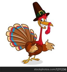 Cartoon turkey in pilgrim hat. Thanksgiving vector illustration isolated on white background