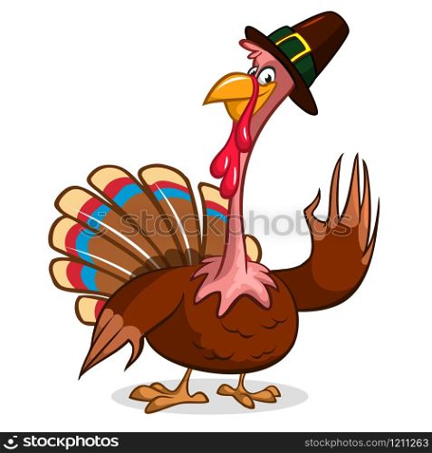Cartoon turkey waving in pilgrim hat.Vector, grouped for easy editing. No open shapes or paths