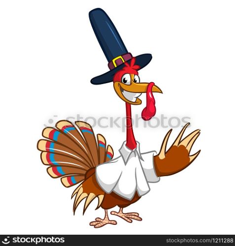 Cartoon turkey waving. Thanksgiving vector illustration isolated on white background