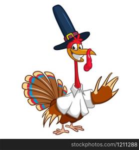 Cartoon turkey waving. Thanksgiving vector illustration isolated on white background