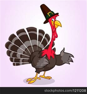 Cartoon turkey with pilgrim hat presenting isolated. Simple strokes. Thanksgiving illustration
