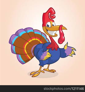 Cartoon turkey with pilgrim hat presenting isolated. Thanksgiving illustration