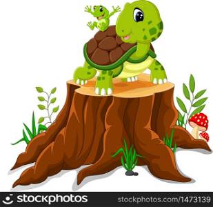Cartoon turtle and frog posing on tree stump