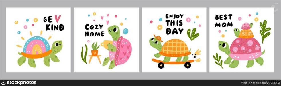 Cartoon turtle cards. Cute animals characters. Funny reptiles riding skateboard or drinking tea. Mom and kids. Rainbow shell. Cozy teatime. Greeting postcard with lettering. Vector happy tortoises set. Cartoon turtle cards. Cute animals characters. Reptiles riding skateboard or drinking tea. Mom and kids. Rainbow shell. Cozy teatime. Greeting postcard with lettering. Vector tortoises set