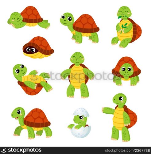 Cartoon turtle characters. Cute tortoise animal vector smiling personages set. Sleeping, eating leaves, hiding in shell funny turtle kids, funny tortoise newborn, baby reptile in egg. Cartoon turtle, cute tortoise animal character