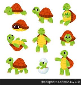 Cartoon turtle characters. Cute tortoise animal vector smiling personages set. Sleeping, eating leaves, hiding in shell funny turtle kids, funny tortoise newborn, baby reptile in egg. Cartoon turtle, cute tortoise animal character