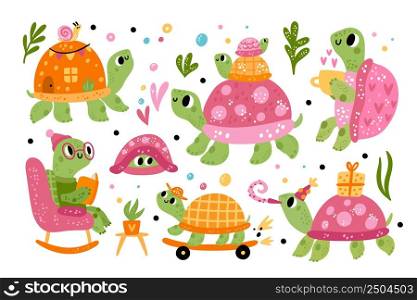 Cartoon turtle. Cute colorful animals. Baby and adult tortoises. Comic reptiles celebrating birthday or skateboarding. Pink shells. Terrapins with cubs. Various actions. Vector funny characters set. Cartoon turtle. Colorful animals. Baby and adult tortoises. Reptiles celebrating birthday or skateboarding. Pink shells. Terrapins with cubs. Various actions. Vector funny characters set
