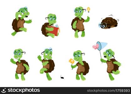 Cartoon turtle. Cute green child tortoise. Baby marine animal character with different poses and emotions. Isolated funny reptile with carapace wears glasses. Vector aquatic terrapin activities set. Cartoon turtle. Green child tortoise. Baby marine animal character with different poses and emotions. Funny reptile with carapace wears glasses. Vector aquatic terrapin activities set