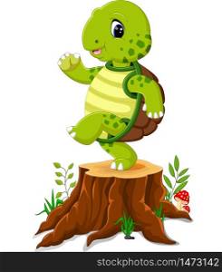 Cartoon turtle posing on tree stump
