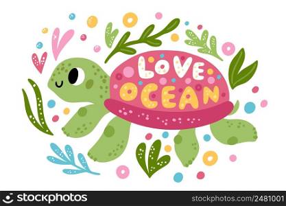Cartoon turtle poster. Funny ocean animal character. Seaweeds and air bubbles. Water reptile with shell. Marine underwater life. Tortoise swimming undersea. Sea ecology and environment. Vector concept. Cartoon turtle poster. Funny ocean animal. Seaweeds and air bubbles. Water reptile with shell. Marine underwater life. Swimming tortoise. Sea ecology and environment. Vector concept