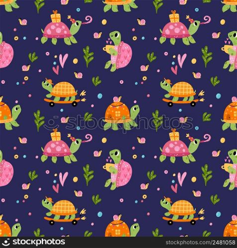 Cartoon turtle seamless pattern. Different actions of little reptiles with shells. Decorative nursery wallpaper. Baby animal. Terrapin skateboarding. Tortoise with birthday present. Vector background. Cartoon turtle seamless pattern. Different actions of little reptiles with shells. Decorative nursery wallpaper. Baby animal skateboarding. Tortoise with birthday gift. Vector background