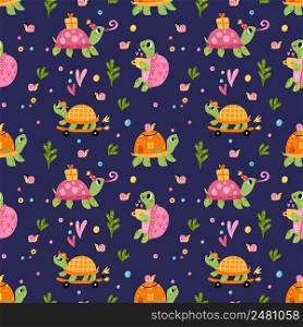 Cartoon turtle seamless pattern. Different actions of little reptiles with shells. Decorative nursery wallpaper. Baby animal. Terrapin skateboarding. Tortoise with birthday present. Vector background. Cartoon turtle seamless pattern. Different actions of little reptiles with shells. Decorative nursery wallpaper. Baby animal skateboarding. Tortoise with birthday gift. Vector background