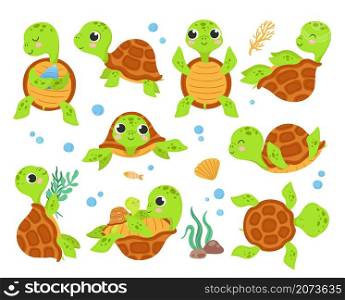 Cartoon turtles. Animal tortoise, smiling turtle different poses. Walk action running cute wild characters, isolated animals shell exact vector set. Illustration reptile and tortoise, turtle character. Cartoon turtles. Animal tortoise, smiling turtle different poses. Walk action running cute wild characters, isolated animals shell exact vector set