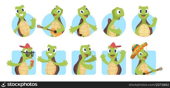 Cartoon turtles avatars. Greetings animal, turtle say hello. Cute portfolio image, funny kids vector stickers set. Animal turtle, tortoise cheerful illustration. Cartoon turtles avatars. Greetings animal, turtle say hello. Cute portfolio image, funny kids vector stickers set