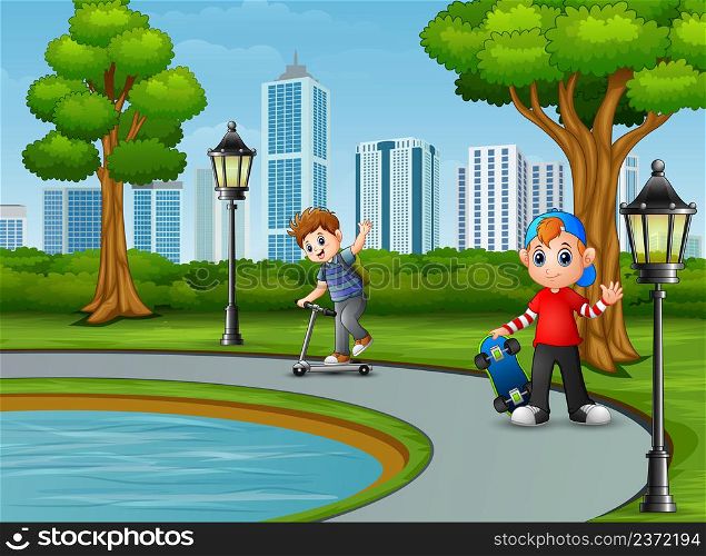 Cartoon two boy playing in the city
