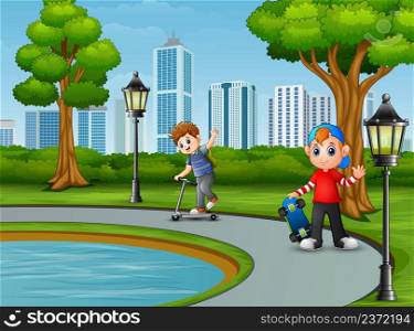 Cartoon two boy playing in the city