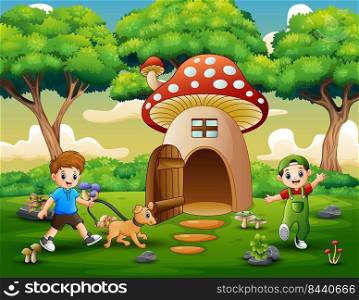 Cartoon two boys playing on the fantasy house 