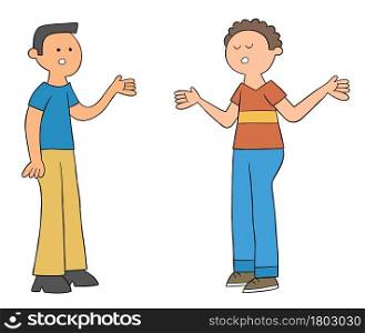 Cartoon two friends talking to each other, vector illustration. Colored and black outlines.