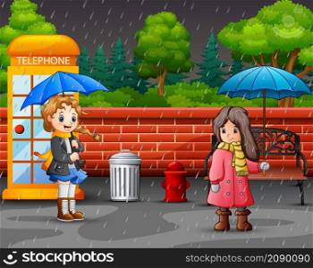 Cartoon two girl carrying umbrella under the rain in the city park