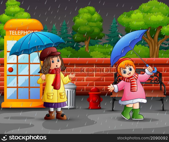 Cartoon two girl carrying umbrella under the rain in the city park