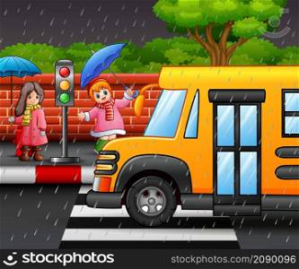 Cartoon two girl carrying umbrella under the rain on the roadside