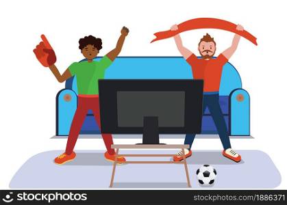 Cartoon two men soccer or football fans watching tv illustration.