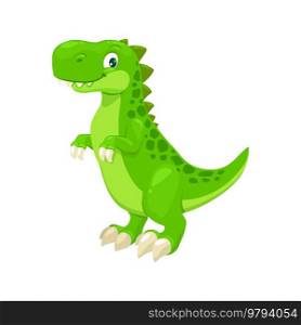 Cartoon tyrannosaur dinosaur character, cute t-rex dino. Funny smiling personage of jurassic era with green skin and long talons. Standing friendly reptile creature, paleontology dinosaur mascot. Cartoon tyrannosaur dinosaur character, cute trex