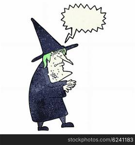 cartoon ugly old witch with speech bubble
