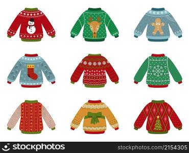 Cartoon ugly sweater. Christmas sweaters collection, decorative holiday winter clothes. Isolated flat new year warm jumper vector set. Christmas cartoon ugly sweater for winter holiday illustration. Cartoon ugly sweater. Christmas sweaters collection, decorative holiday winter clothes. Isolated flat new year warm jumper recent vector set