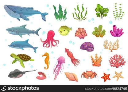 Cartoon underwater animals, seaweeds, fish and corals. Isolated vector whale, shark, dolphin and turtle, stingray, octopus, puffer and jelly fish. Sea horse, squid, crab and shell with ocean starfish. Cartoon underwater animals, seaweeds, fish, corals