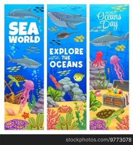 Cartoon underwater landscape banners with sea bottom, sunken ship, whale, turtle, fish shoal, treasure chest, tropical corals and seaweed plants. Vector banners of world ocean day. Cartoon underwater landscape banners, sea bottom