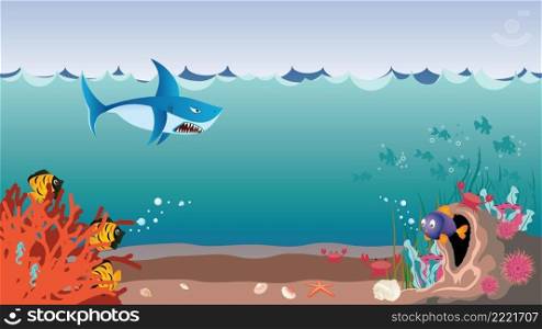 Cartoon underwater scene with coral reef, small cave and fishes.