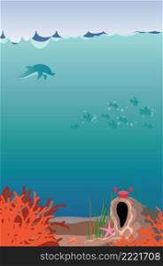 Cartoon underwater scene with coral reef, small cave and fishes.