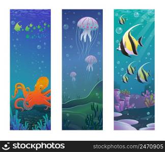 Cartoon underwater sea animals vertical banners with discus fishes octopus jellyfishes corals seaweeds vector illustration. Cartoon Underwater Sea Animals Vertical Banners