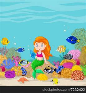 Cartoon underwater world with little mermaid holding seashell