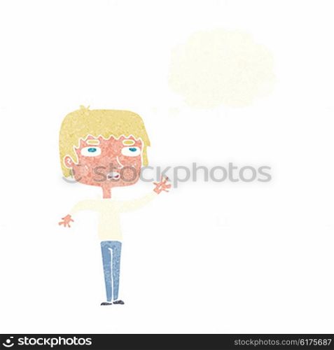 cartoon unhappy boy waving with thought bubble