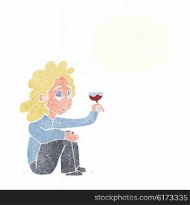 cartoon unhappy woman with glass of wine with thought bubble