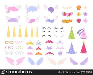 Cartoon unicorn constructor. Unicorns horns, party eyelashes and color hair bundle. Cute pony mask and sticker elements. Racy girly prints diy vector clipart of horn pony cartoon illustration. Cartoon unicorn constructor. Unicorns horns, party eyelashes and color hair bundle. Cute pony mask and sticker elements. Racy girly prints diy vector clipart